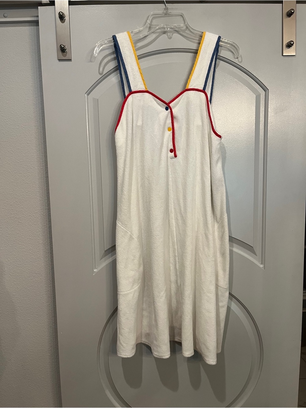 Vintage white terrycloth Sundress with Color-Trim Straps and snap buttons. Cute!